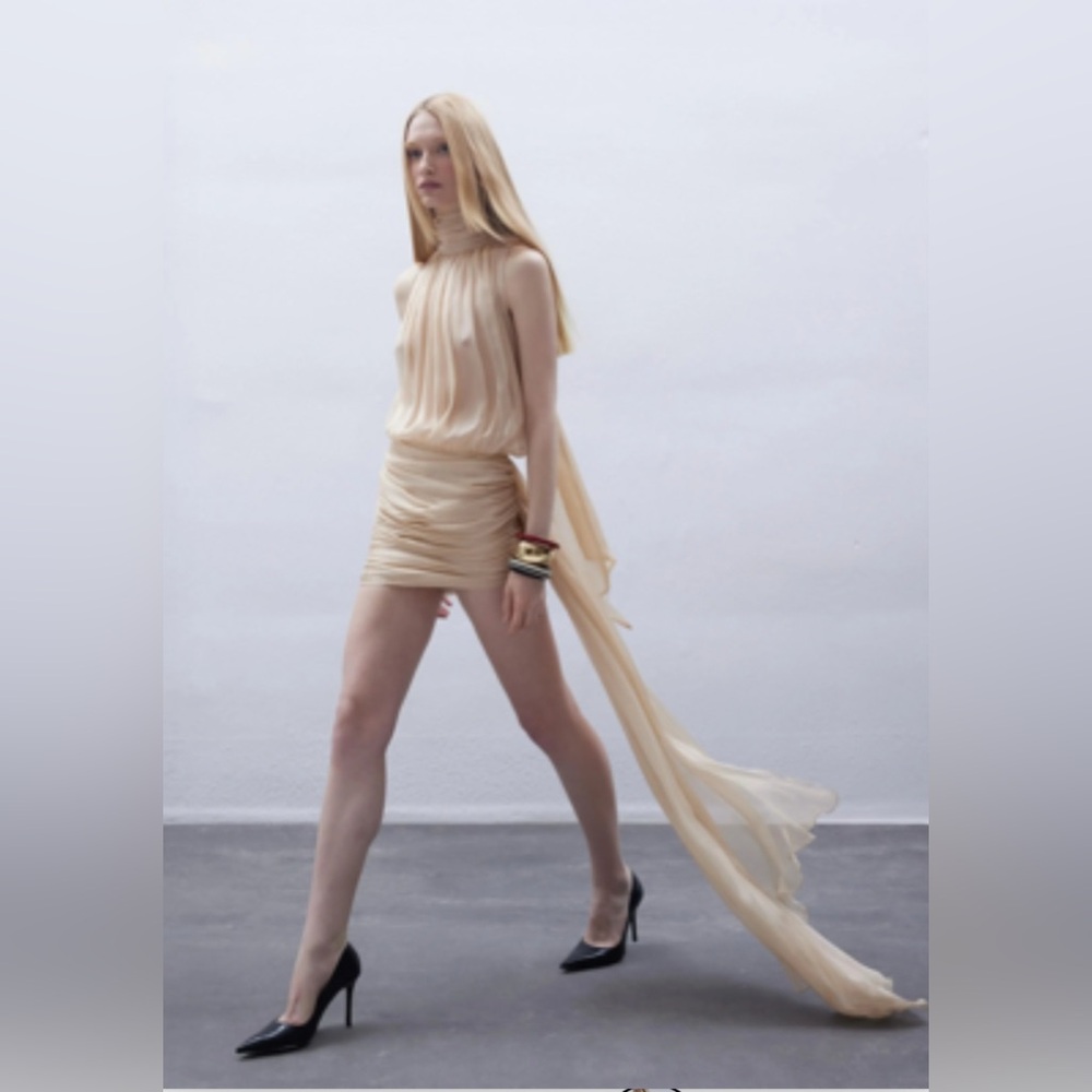 Draped Nude Mini Dress | Saint Laurent Style | Designer Minimalist Ruched Dress